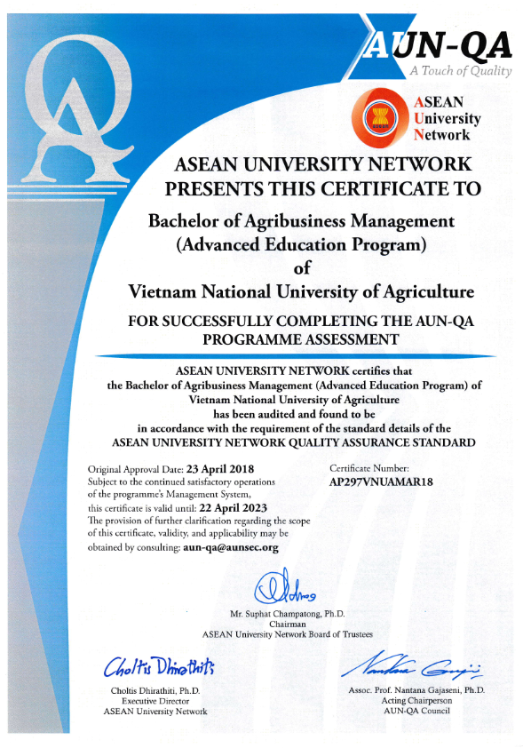 CTTT Quản trị kinh doanh nông nghiệp đạt kiểm định AUN-QA