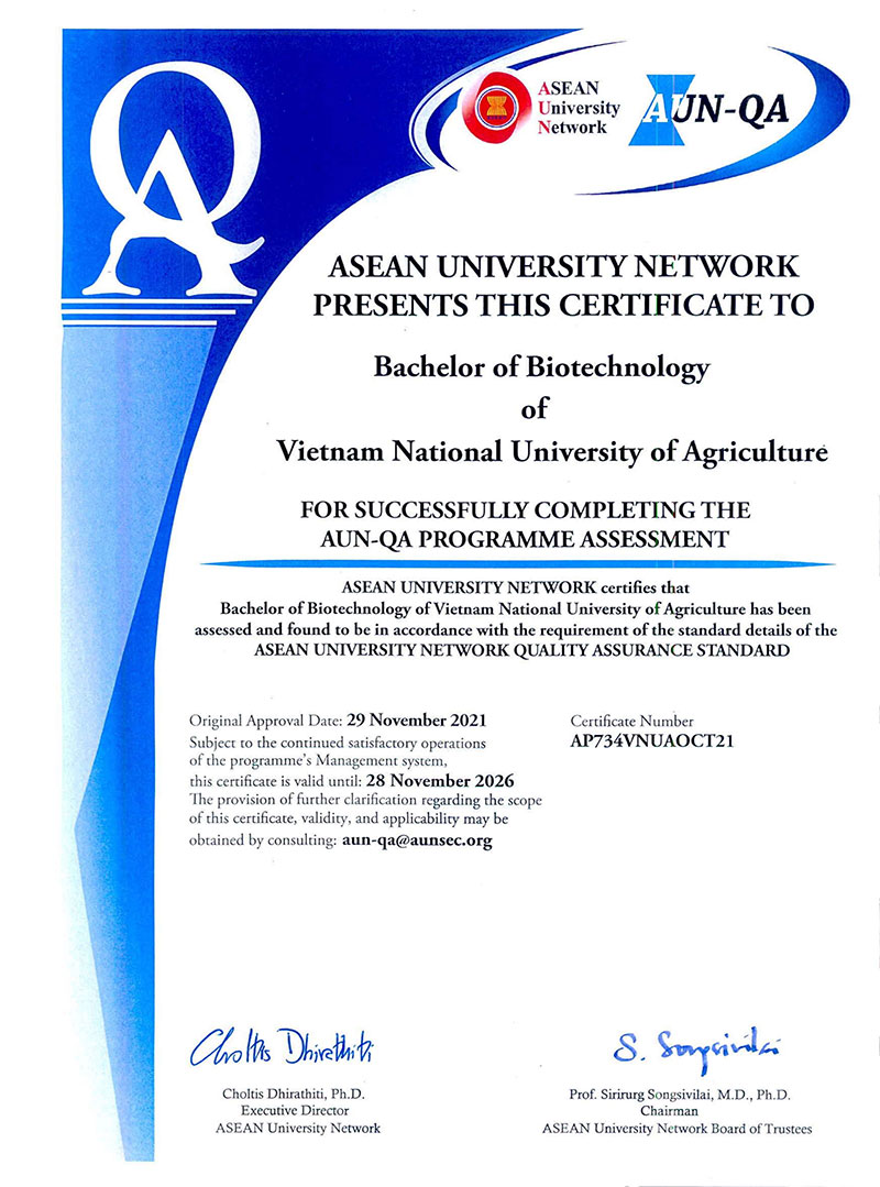 CTĐT Công nghệ sinh học – HVN đạt chuẩn chất lượng khu vực Đông Nam Á (AUN-QA)