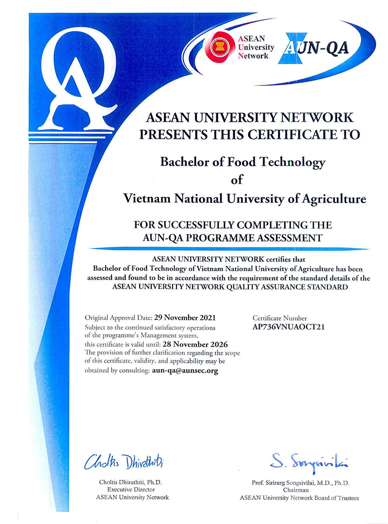 CTĐT Công nghệ thực phẩm – HVN đạt chuẩn chất lượng khu vực Đông Nam Á (AUN-QA)