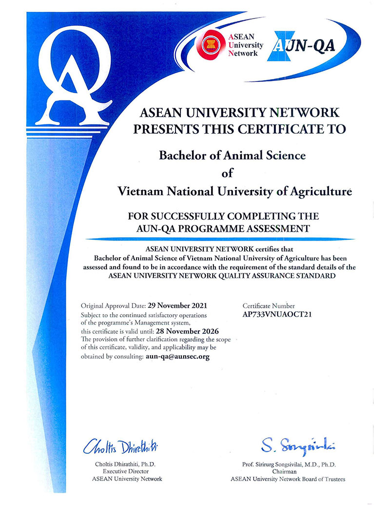 CTĐT Chăn nuôi – HVN đạt chuẩn chất lượng khu vực Đông Nam Á (AUN-QA)