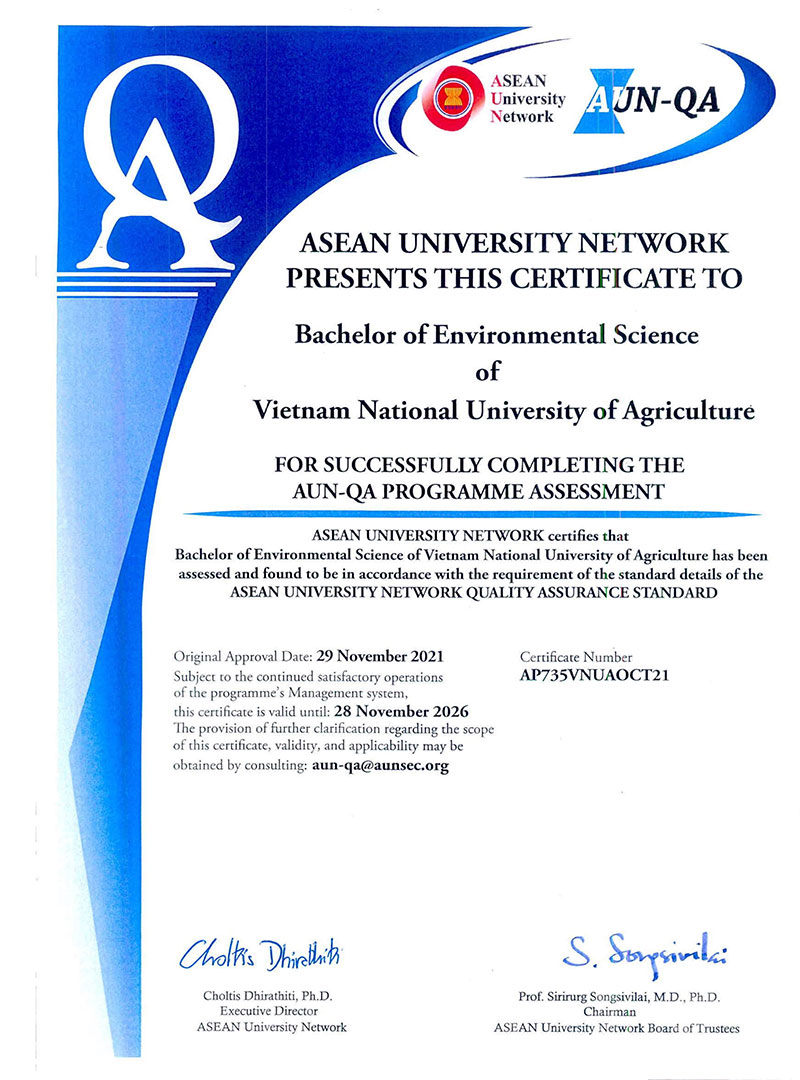 CTĐT Khoa học môi trường – HVN đạt chuẩn chất lượng khu vực Đông Nam Á (AUN-QA)