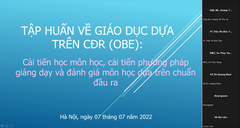 Tập huấn về giáo dục dựa trên CĐR (OBE): Cải tiến học môn học, cải tiến phương pháp giảng dạy và đánh giá môn học dựa trên chuẩn đầu ra